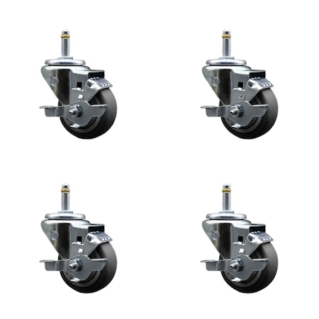 Service Caster 3'' Thermo Rubber Swivel 7/16'' Grip Ring Stem Caster Set with Brake, 4PK SCC-GR20S314-TPRB-TLB-716138-4